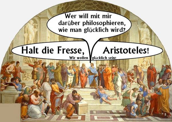 Aristoteles muss wieder rumnörgeln und sich in den Mittelpunkt stellen, Diogenes liegt wieder rum und Euklid gibt mit seiner neuesten Erfindung, dem Rad, an.